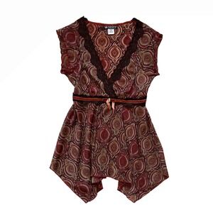 VTG‎ fairy lettuce hem lace crystal velvet bow asymmetrical v neck tank top M